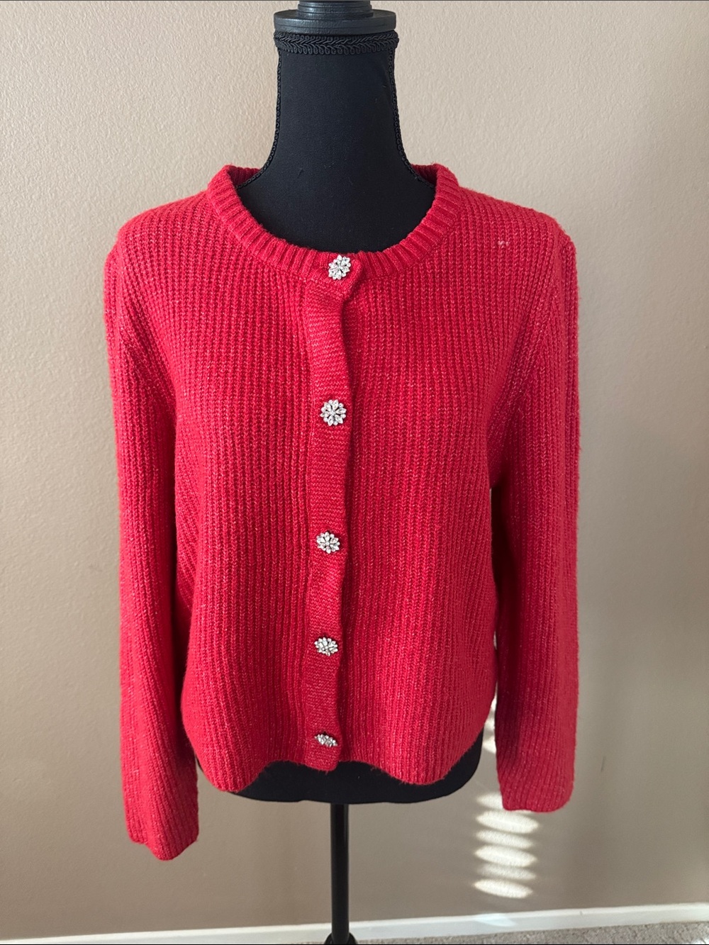 Pink Rose Red Ribbed Button-Front Cardigan